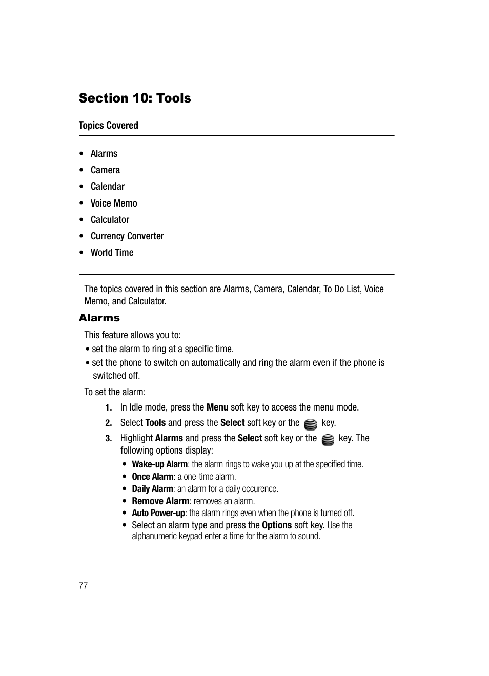 Section 10: tools, Alarms | Samsung SGH-A127WRAATT User Manual | Page 80 / 130