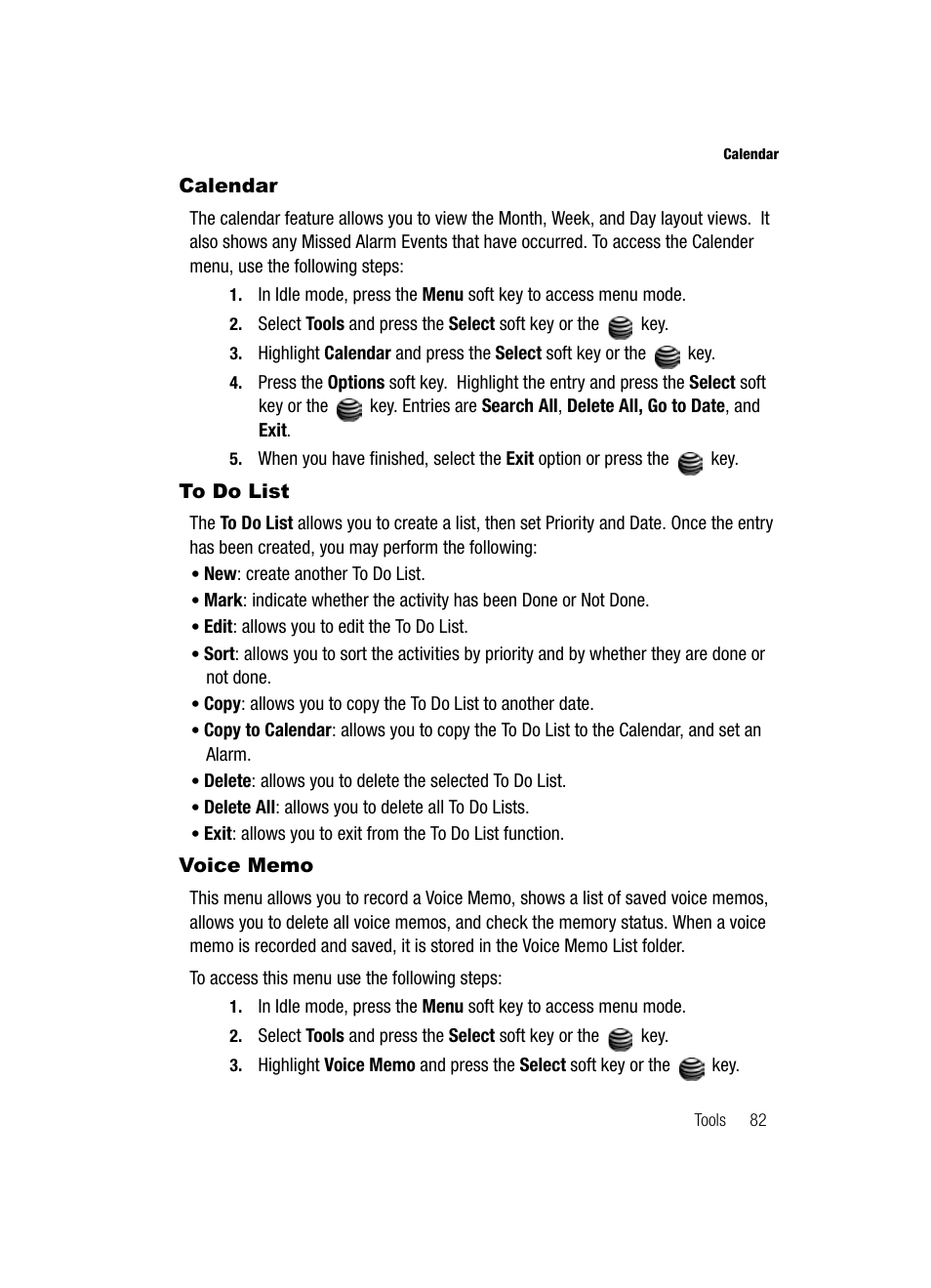 Calendar to do list voice memo, Calendar, Voice memo | Samsung SGH-A127WRAATT User Manual | Page 85 / 130