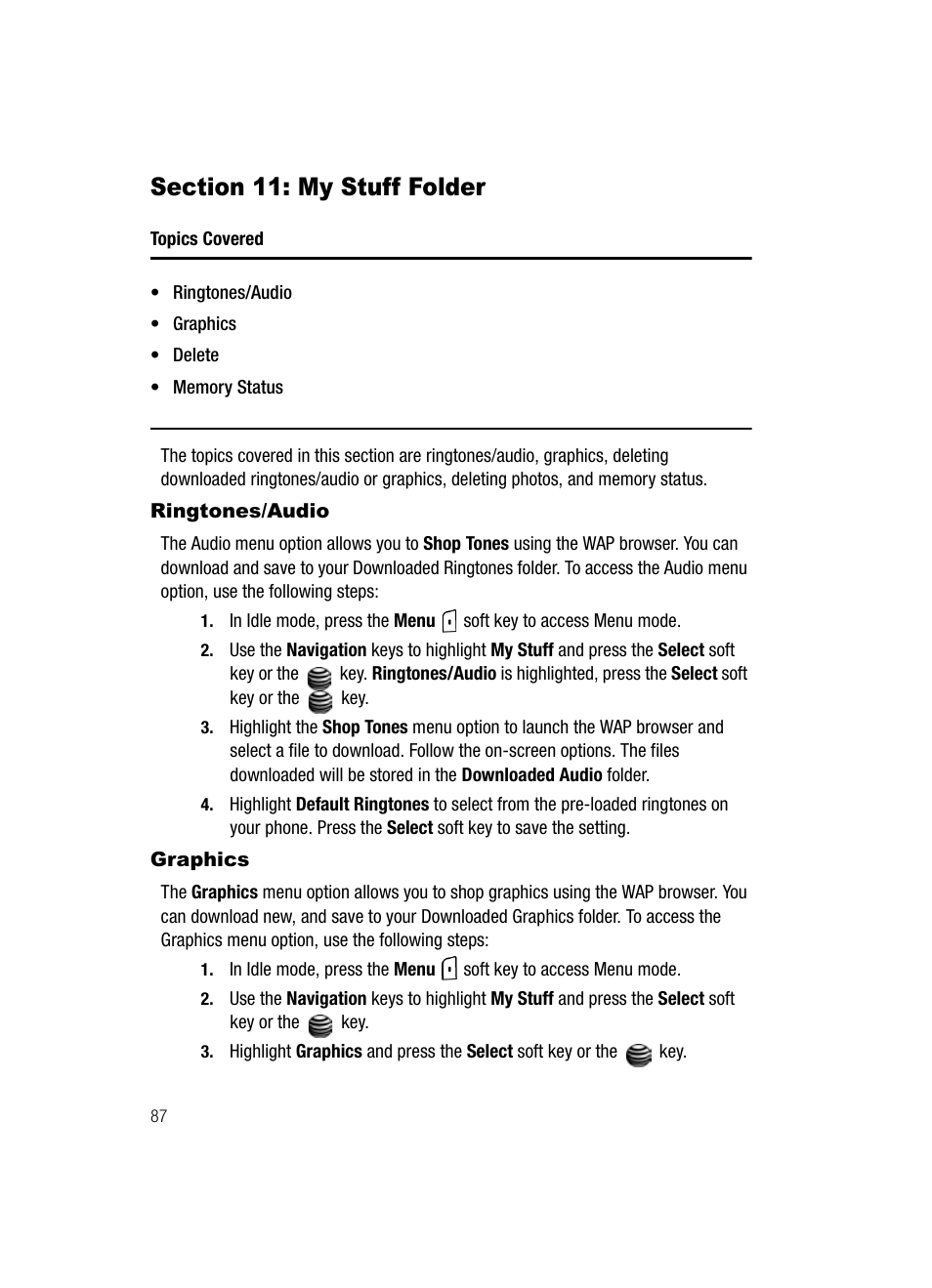 Section 11: my stuff folder, Ringtones/audio graphics | Samsung SGH-A127WRAATT User Manual | Page 90 / 130