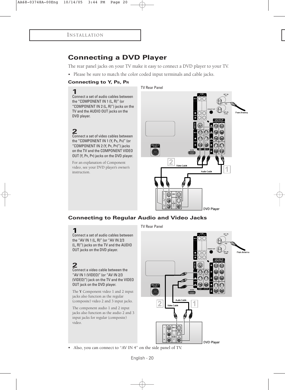 Connecting a dvd player, Connecting to y, pb, pr, Connecting to regular audio and video jacks | Samsung TXR3081WHKXXAA User Manual | Page 20 / 80