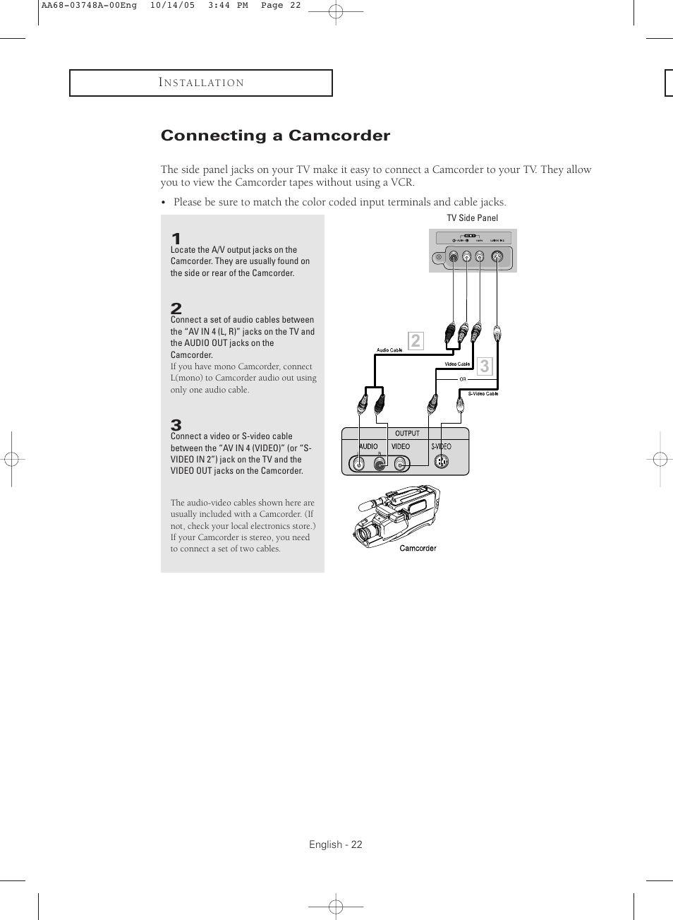 Connecting a camcorder | Samsung TXR3081WHKXXAA User Manual | Page 22 / 80