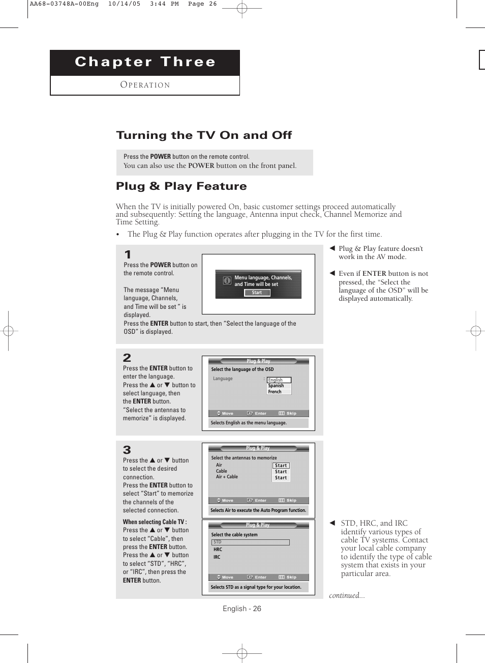 Chapter three : operation, Turning the tv on and off, Plug & play feature | Samsung TXR3081WHKXXAA User Manual | Page 26 / 80