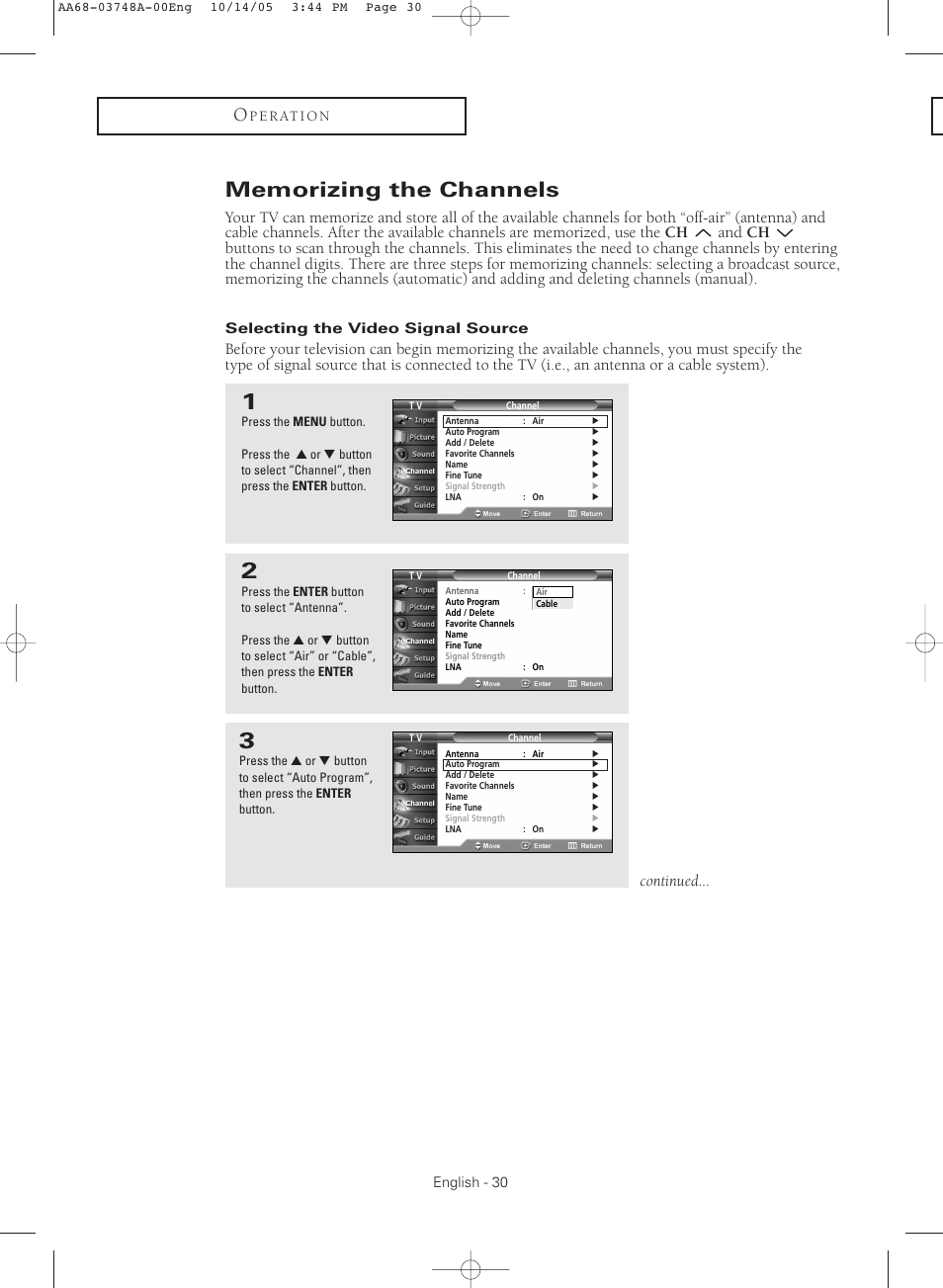 Memorizing the channels, Selecting the video signal source, Continued | Samsung TXR3081WHKXXAA User Manual | Page 30 / 80