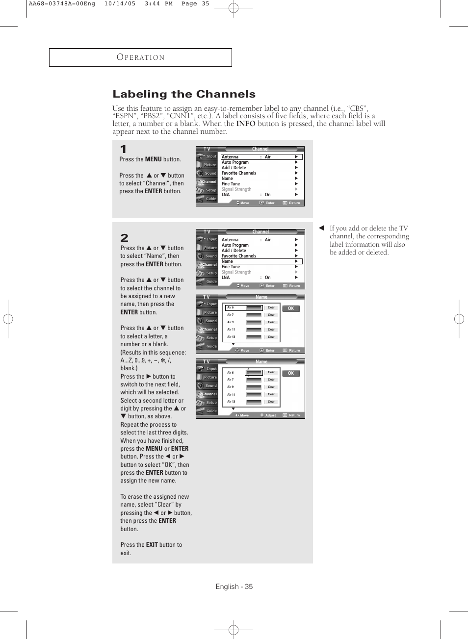 Labeling the channels | Samsung TXR3081WHKXXAA User Manual | Page 35 / 80