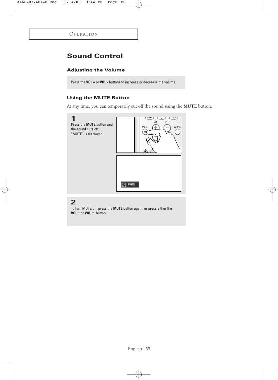 Sound control, Adjusting the volume, Using the mute button | Samsung TXR3081WHKXXAA User Manual | Page 39 / 80