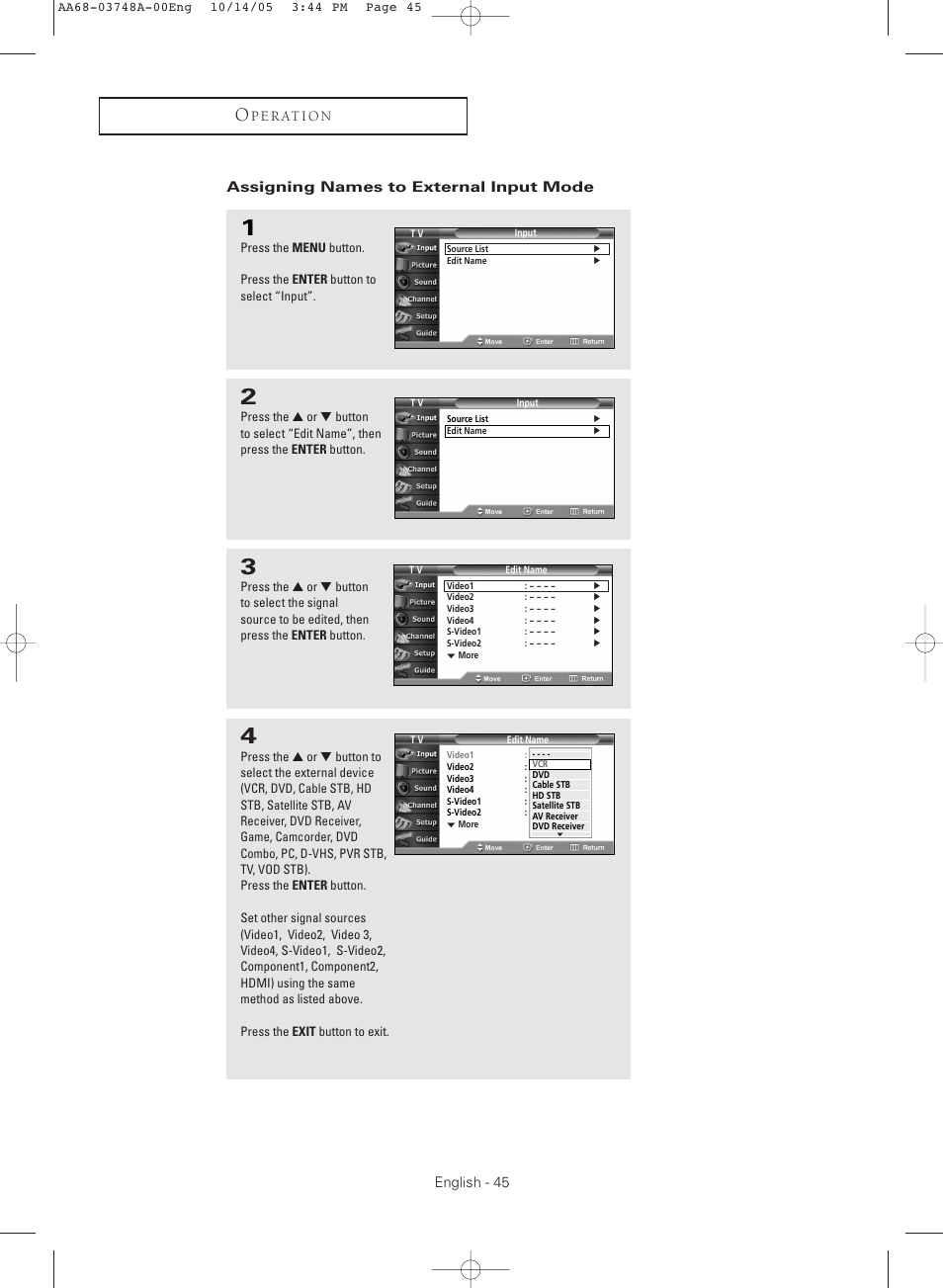Assigning names to external input mode | Samsung TXR3081WHKXXAA User Manual | Page 45 / 80