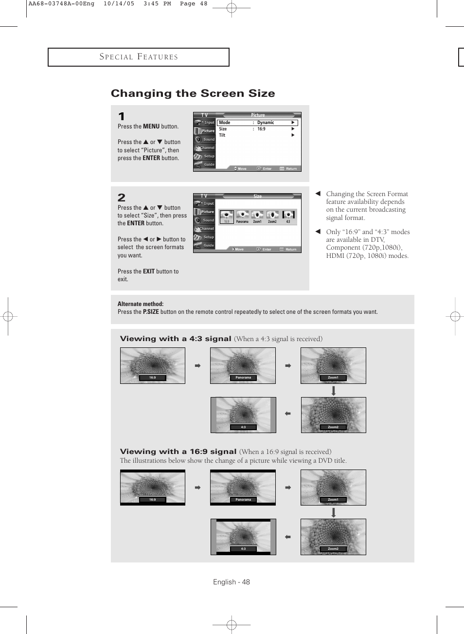 Changing the screen size | Samsung TXR3081WHKXXAA User Manual | Page 48 / 80