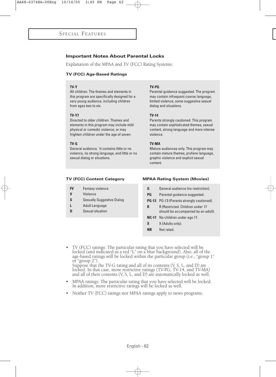 Important notes about parental locks | Samsung TXR3081WHKXXAA User Manual | Page 62 / 80