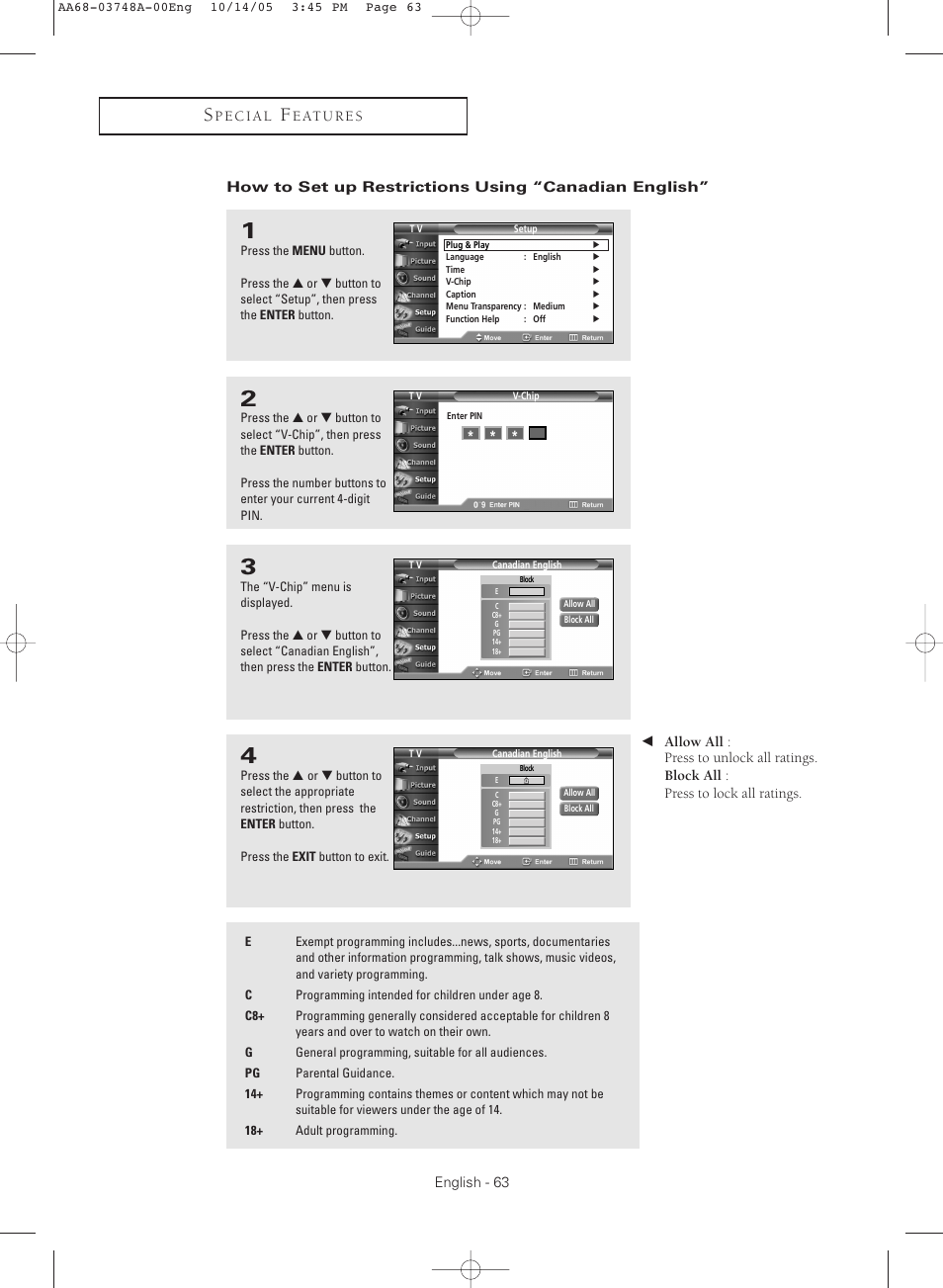 How to set up restrictions using “canadian english | Samsung TXR3081WHKXXAA User Manual | Page 63 / 80