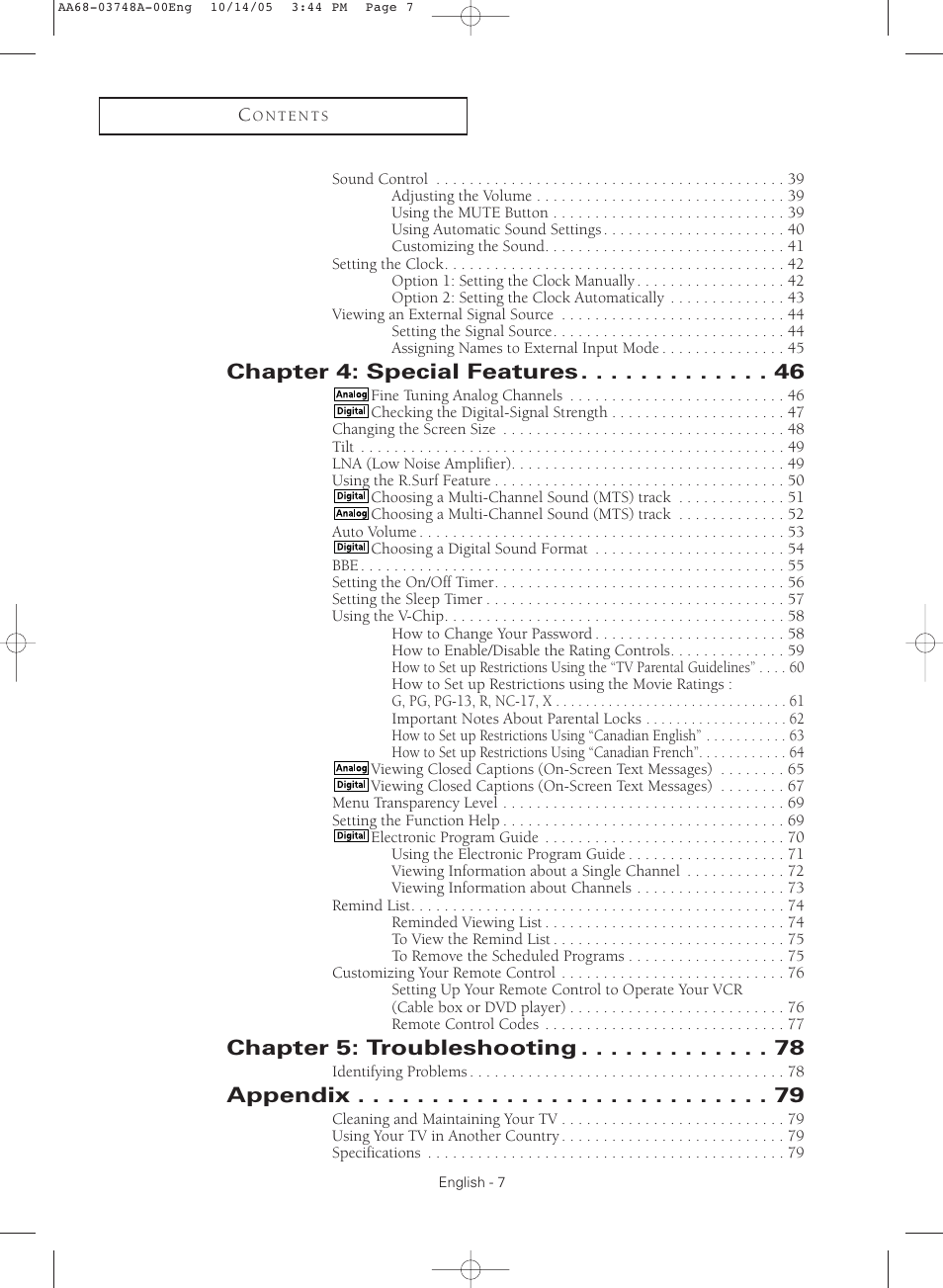 Chapter 4: special features, Chapter 5: troubleshooting, Appendix | Samsung TXR3081WHKXXAA User Manual | Page 7 / 80