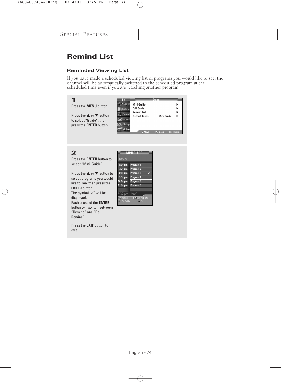 Remind list, Reminded viewing list | Samsung TXR3081WHKXXAA User Manual | Page 74 / 80