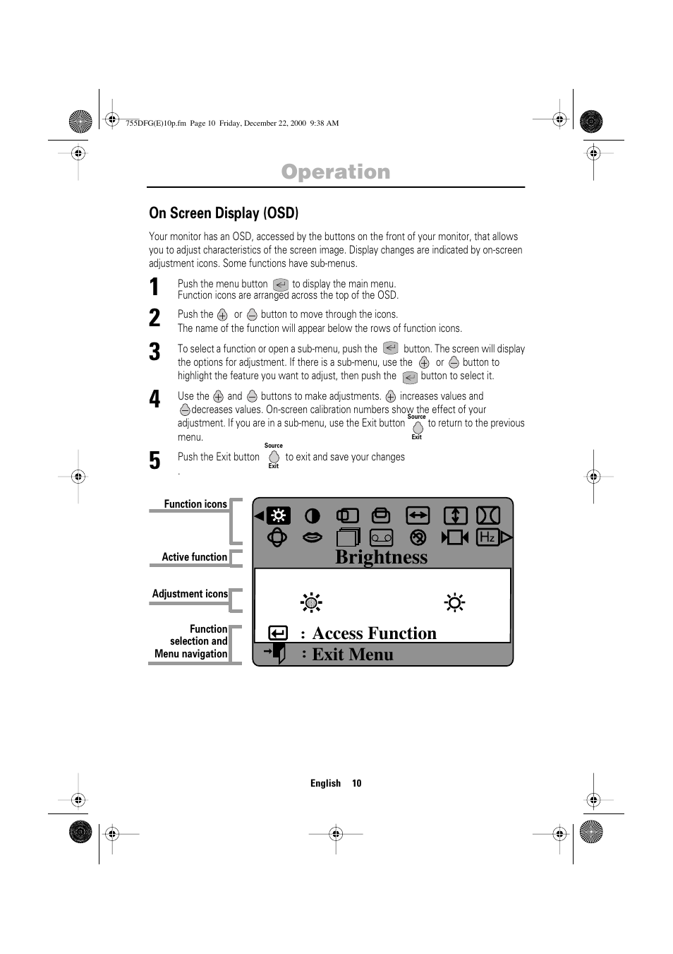 Brightness, Access function exit menu | Samsung TT17JSBLSV-XBM User Manual | Page 12 / 22