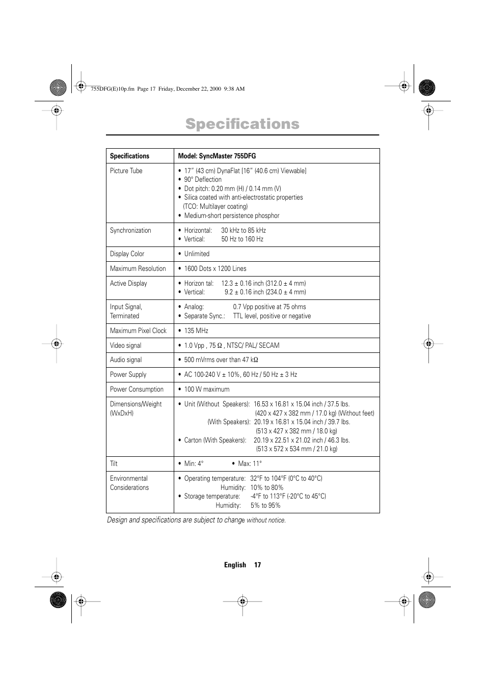 Specifications | Samsung TT17JSBLSV-XBM User Manual | Page 19 / 22