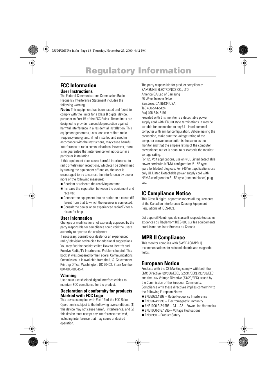 Regulatory information, Fcc information, Ic compliance notice | Mpr ii compliance, European notice | Samsung TT17JSBLSV-XBM User Manual | Page 21 / 22