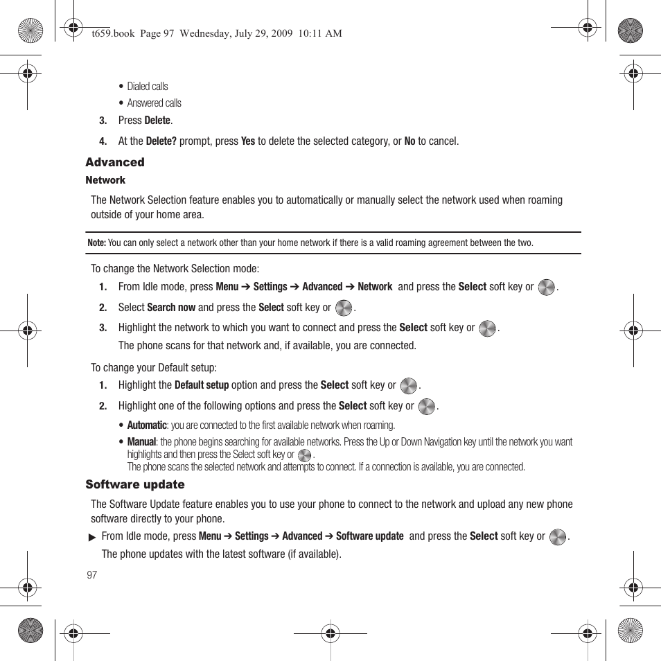 Advanced, Software update, Advanced software update | Samsung SGH-T659OSBTMB User Manual | Page 100 / 140