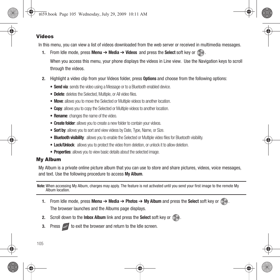 Videos, My album, Videos my album | Samsung SGH-T659OSBTMB User Manual | Page 108 / 140