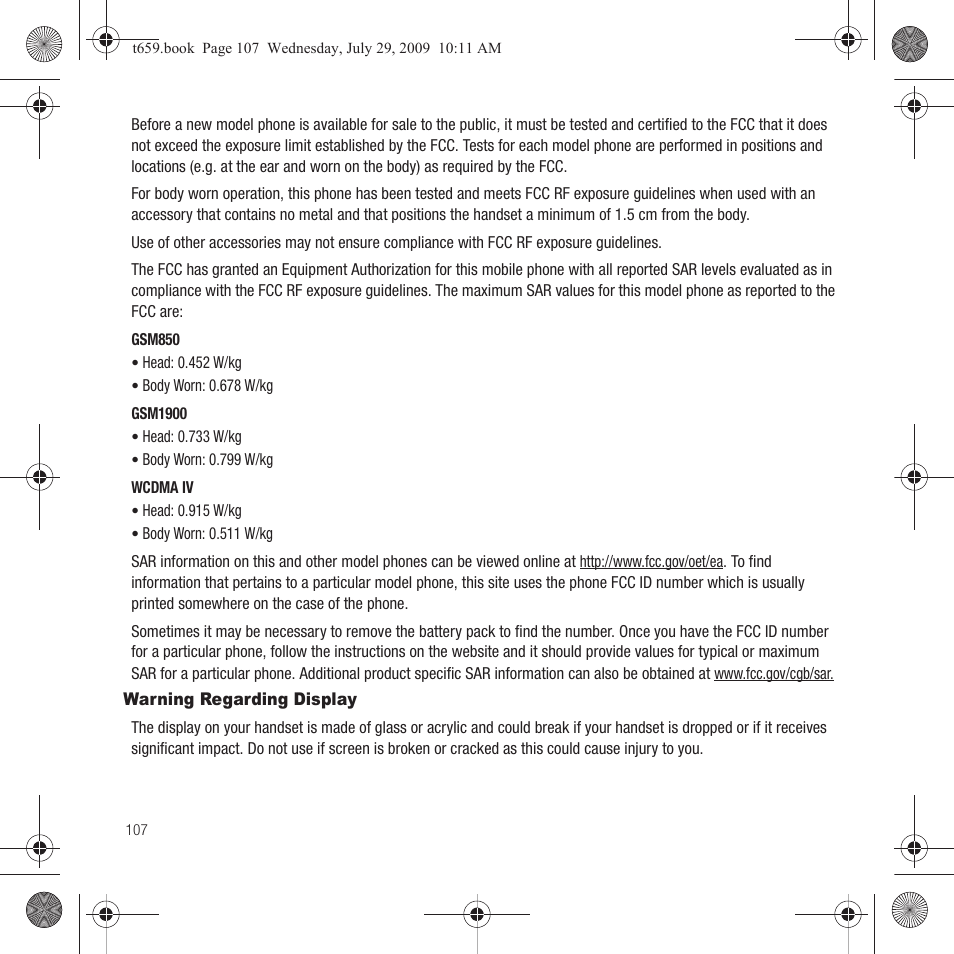 Warning regarding display | Samsung SGH-T659OSBTMB User Manual | Page 110 / 140