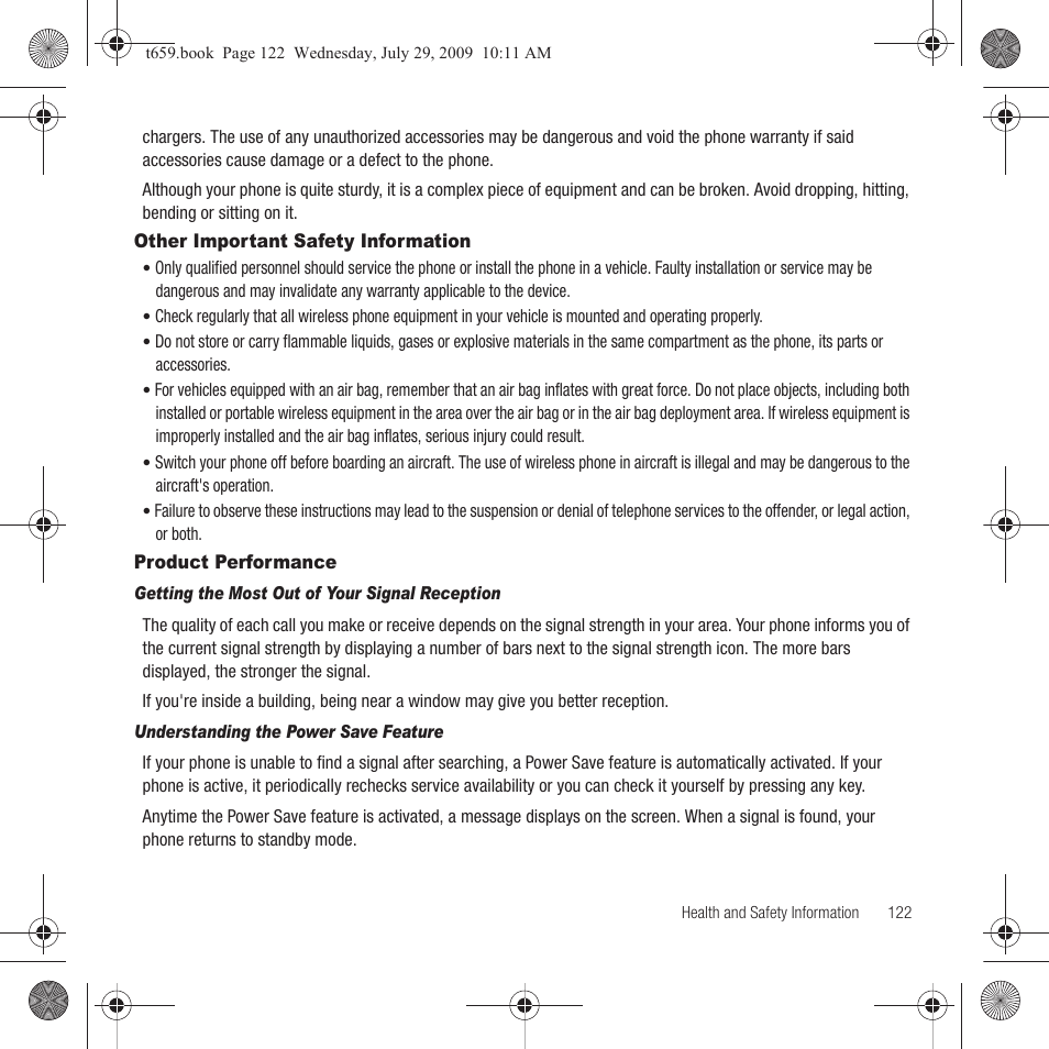 Other important safety information, Product performance | Samsung SGH-T659OSBTMB User Manual | Page 125 / 140