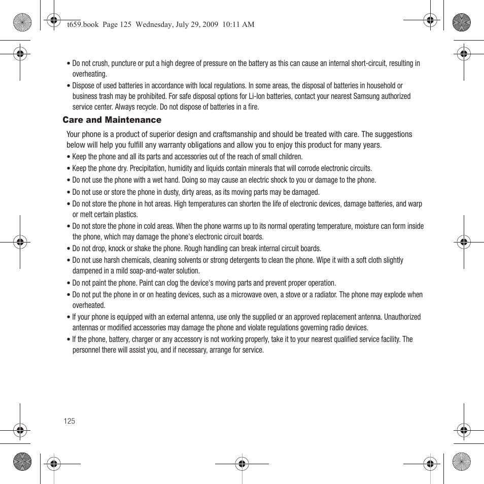 Care and maintenance | Samsung SGH-T659OSBTMB User Manual | Page 128 / 140