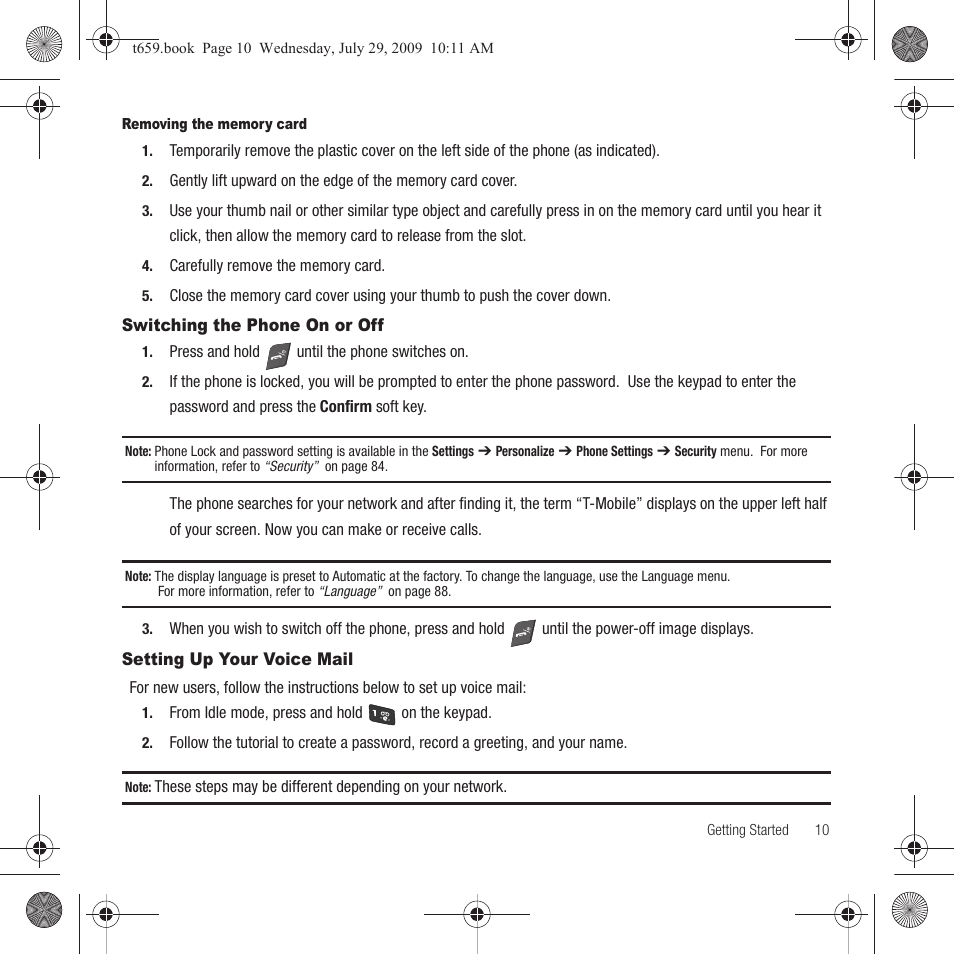 Switching the phone on or off, Setting up your voice mail | Samsung SGH-T659OSBTMB User Manual | Page 13 / 140