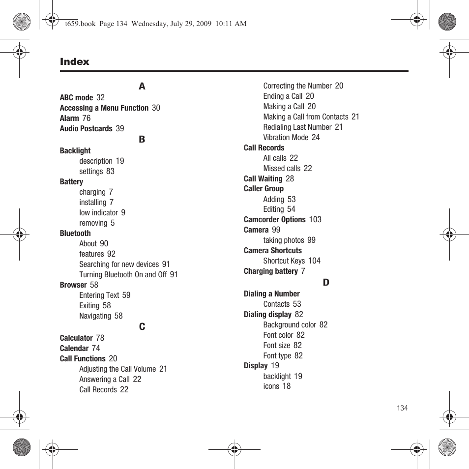 Index | Samsung SGH-T659OSBTMB User Manual | Page 137 / 140