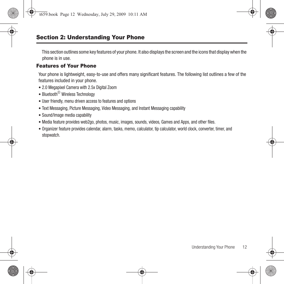 Section 2: understanding your phone, Features of your phone | Samsung SGH-T659OSBTMB User Manual | Page 15 / 140