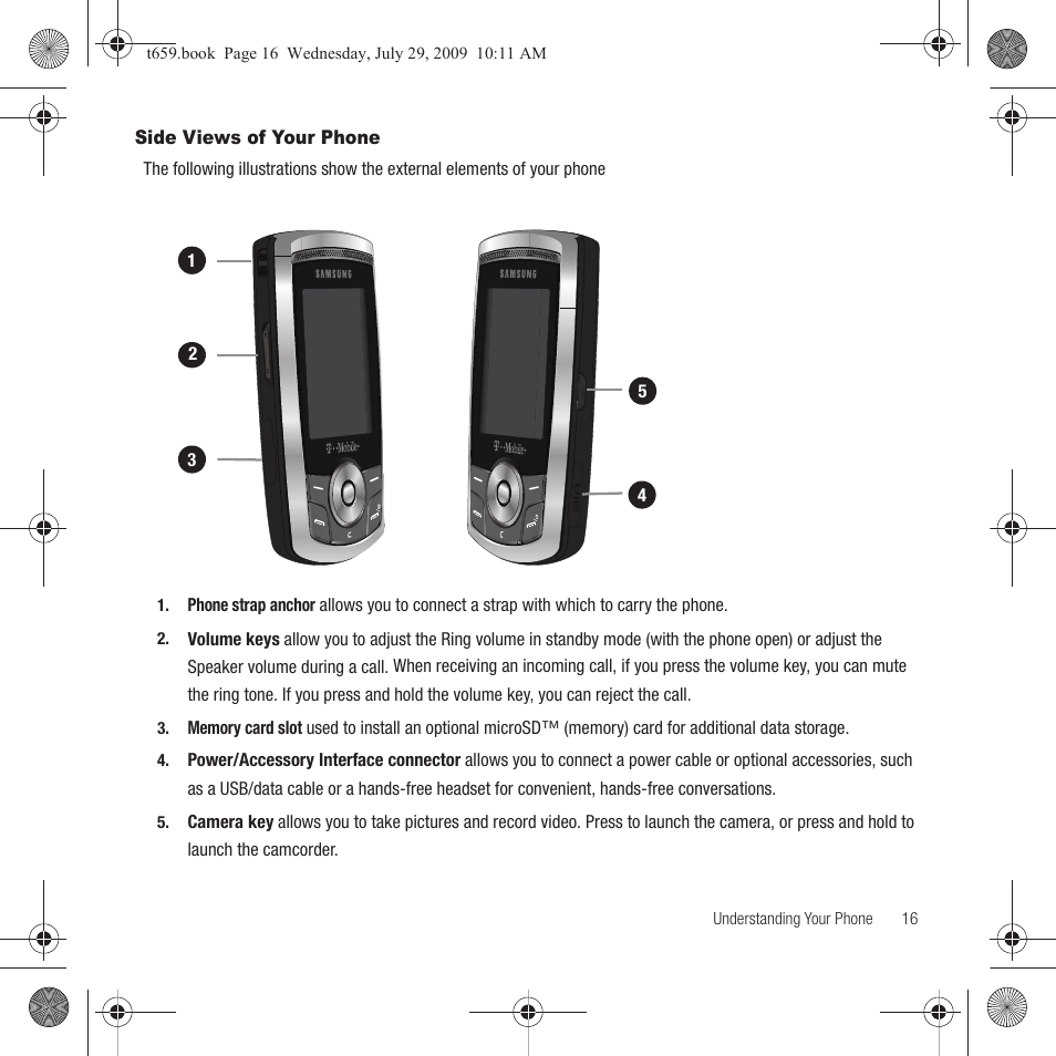 Side views of your phone | Samsung SGH-T659OSBTMB User Manual | Page 19 / 140