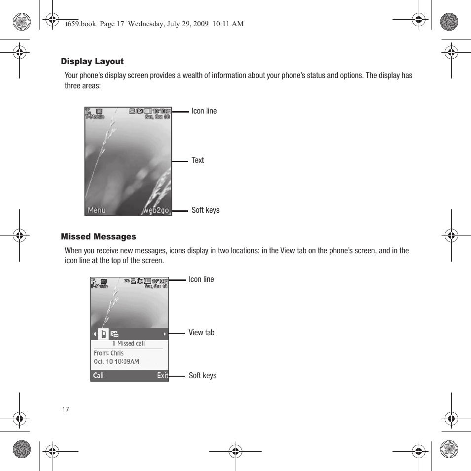 Display layout, Missed messages, Display layout missed messages | Samsung SGH-T659OSBTMB User Manual | Page 20 / 140