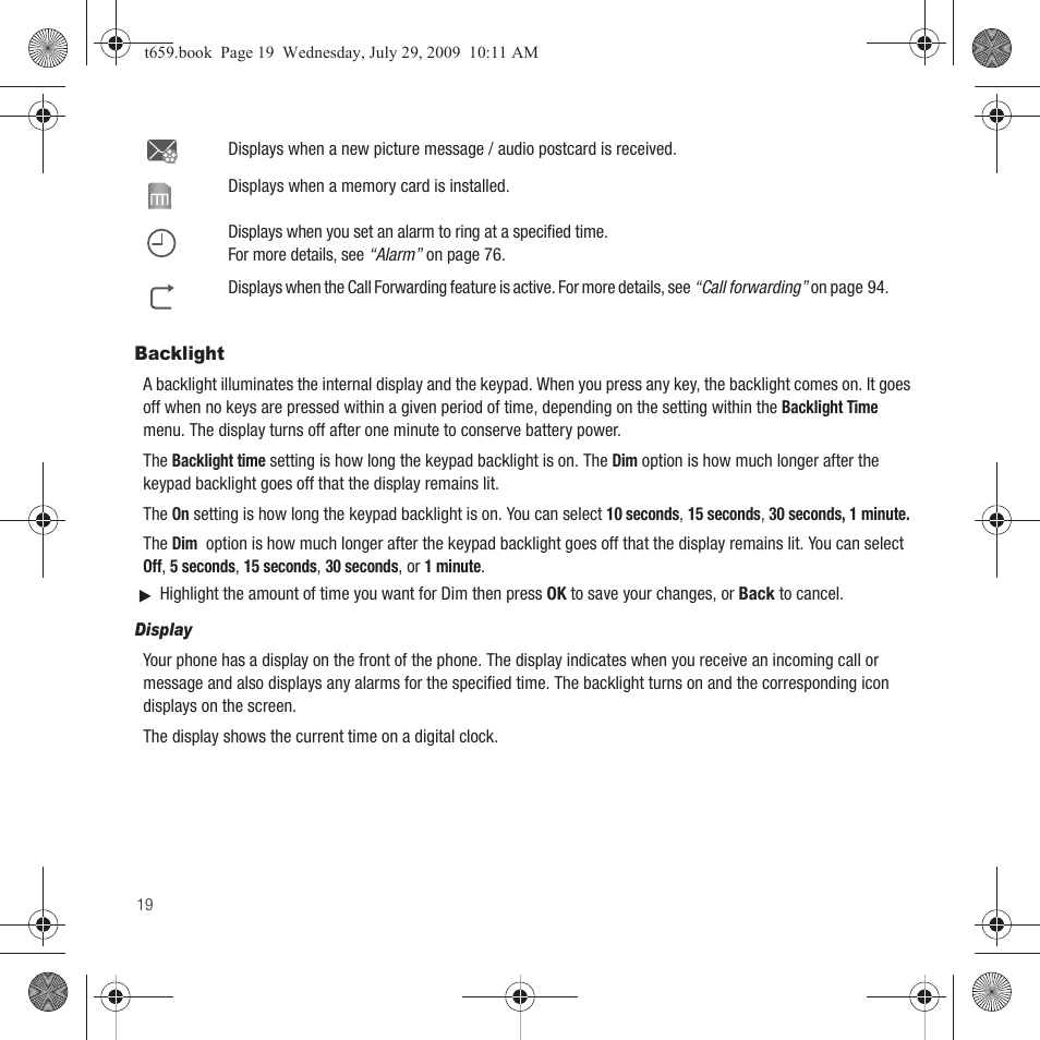 Backlight | Samsung SGH-T659OSBTMB User Manual | Page 22 / 140