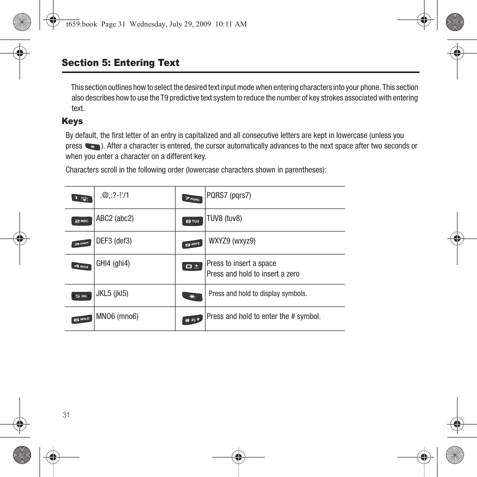 Section 5: entering text, Keys | Samsung SGH-T659OSBTMB User Manual | Page 34 / 140