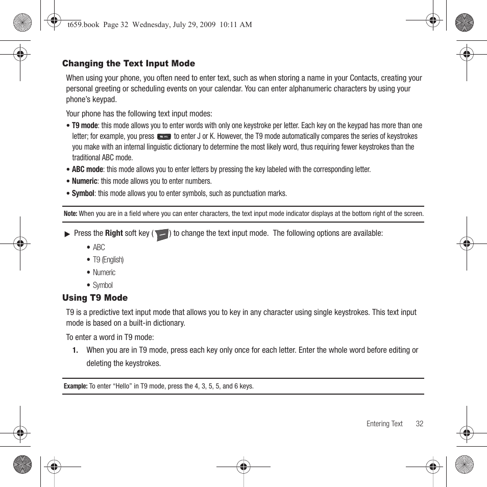 Changing the text input mode, Using t9 mode, Changing the text input mode using t9 mode | Samsung SGH-T659OSBTMB User Manual | Page 35 / 140