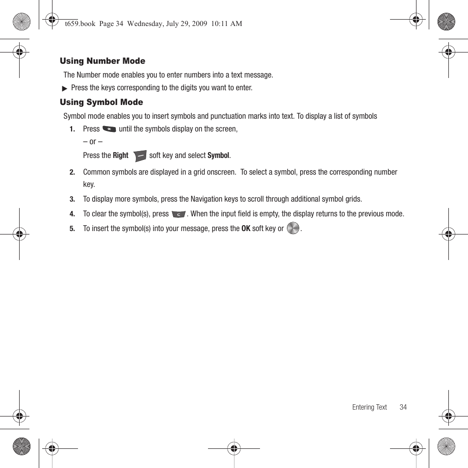 Using number mode, Using symbol mode, Using number mode using symbol mode | Samsung SGH-T659OSBTMB User Manual | Page 37 / 140