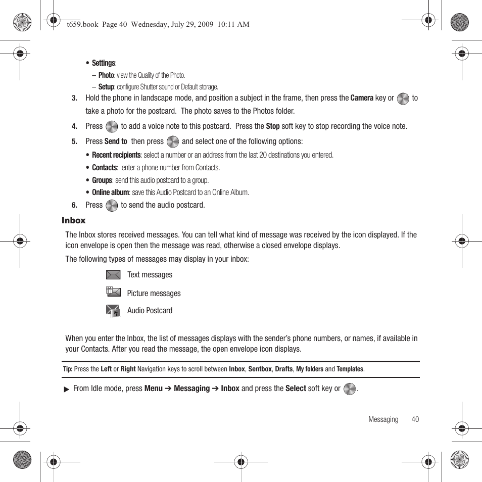 Inbox | Samsung SGH-T659OSBTMB User Manual | Page 43 / 140