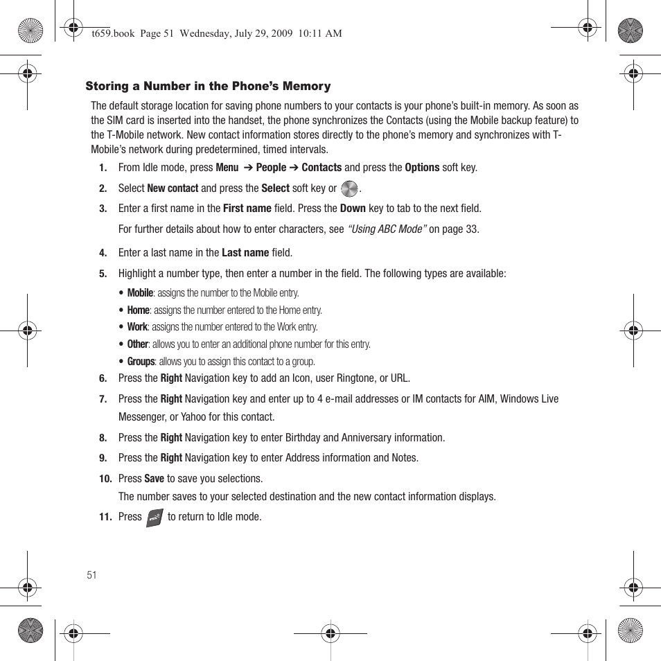 Storing a number in the phone’s memory | Samsung SGH-T659OSBTMB User Manual | Page 54 / 140