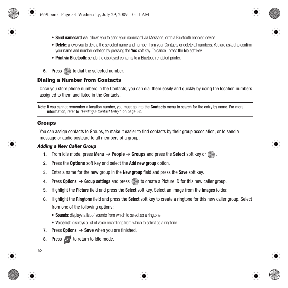 Dialing a number from contacts, Groups, Dialing a number from contacts groups | Samsung SGH-T659OSBTMB User Manual | Page 56 / 140