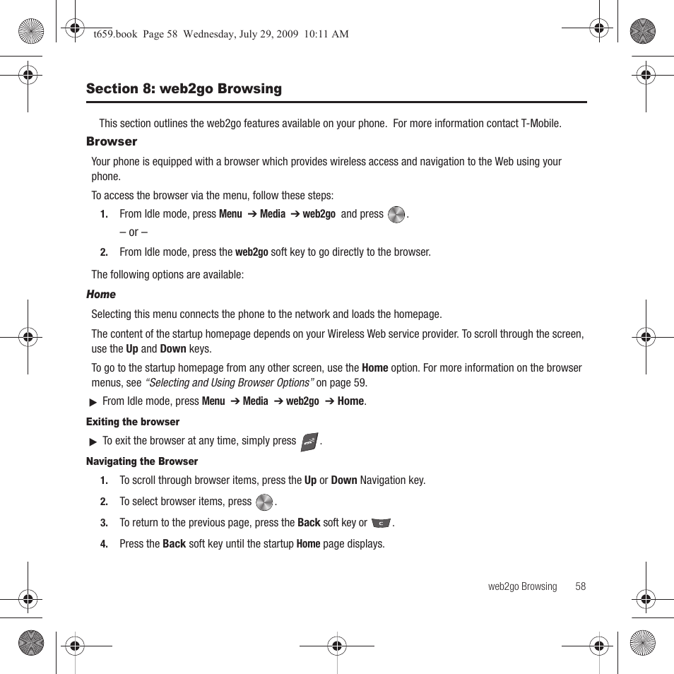 Section 8: web2go browsing, Browser | Samsung SGH-T659OSBTMB User Manual | Page 61 / 140