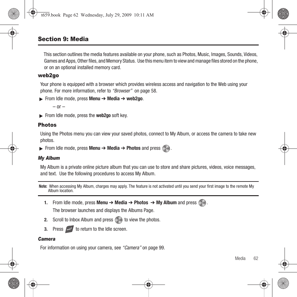 Section 9: media, Web2go, Photos | Web2go photos | Samsung SGH-T659OSBTMB User Manual | Page 65 / 140