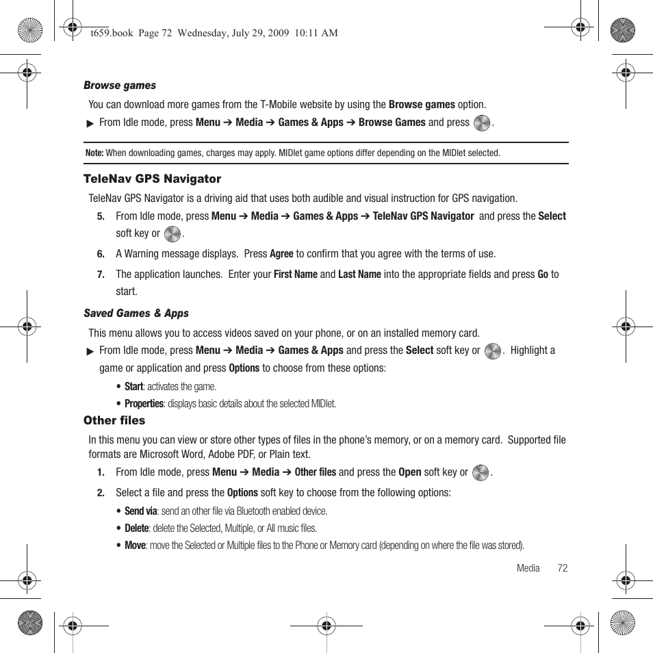 Telenav gps navigator, Other files, Telenav gps navigator other files | Samsung SGH-T659OSBTMB User Manual | Page 75 / 140