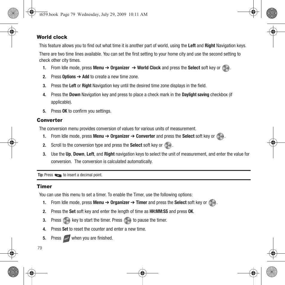 World clock, Converter, Timer | World clock converter timer | Samsung SGH-T659OSBTMB User Manual | Page 82 / 140