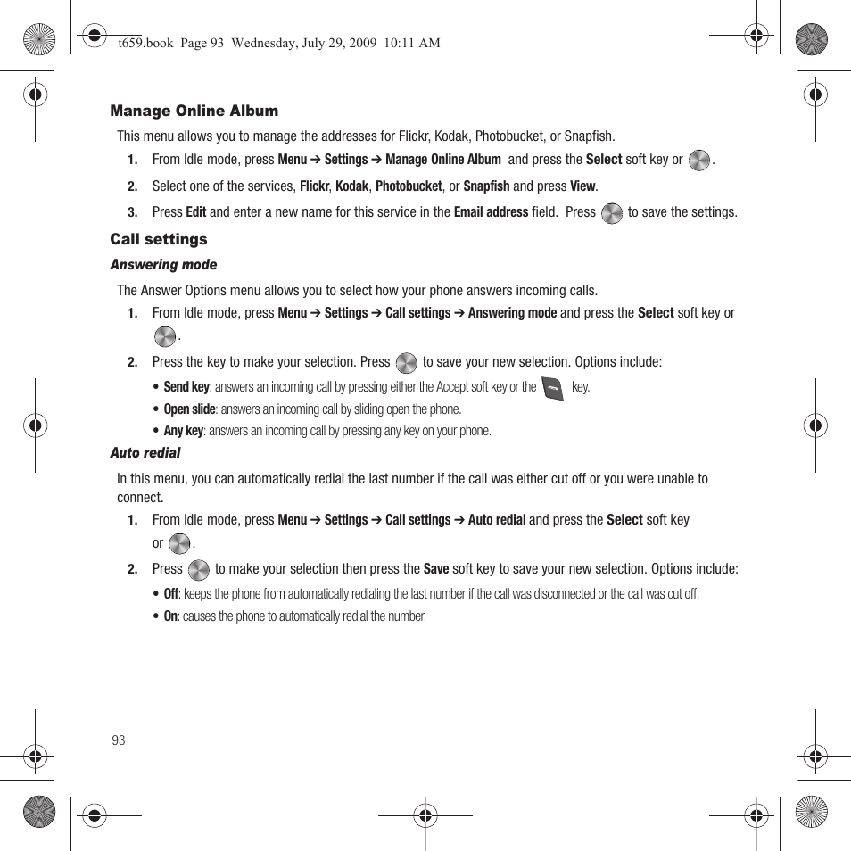 Manage online album, Call settings, Manage online album call settings | Samsung SGH-T659OSBTMB User Manual | Page 96 / 140