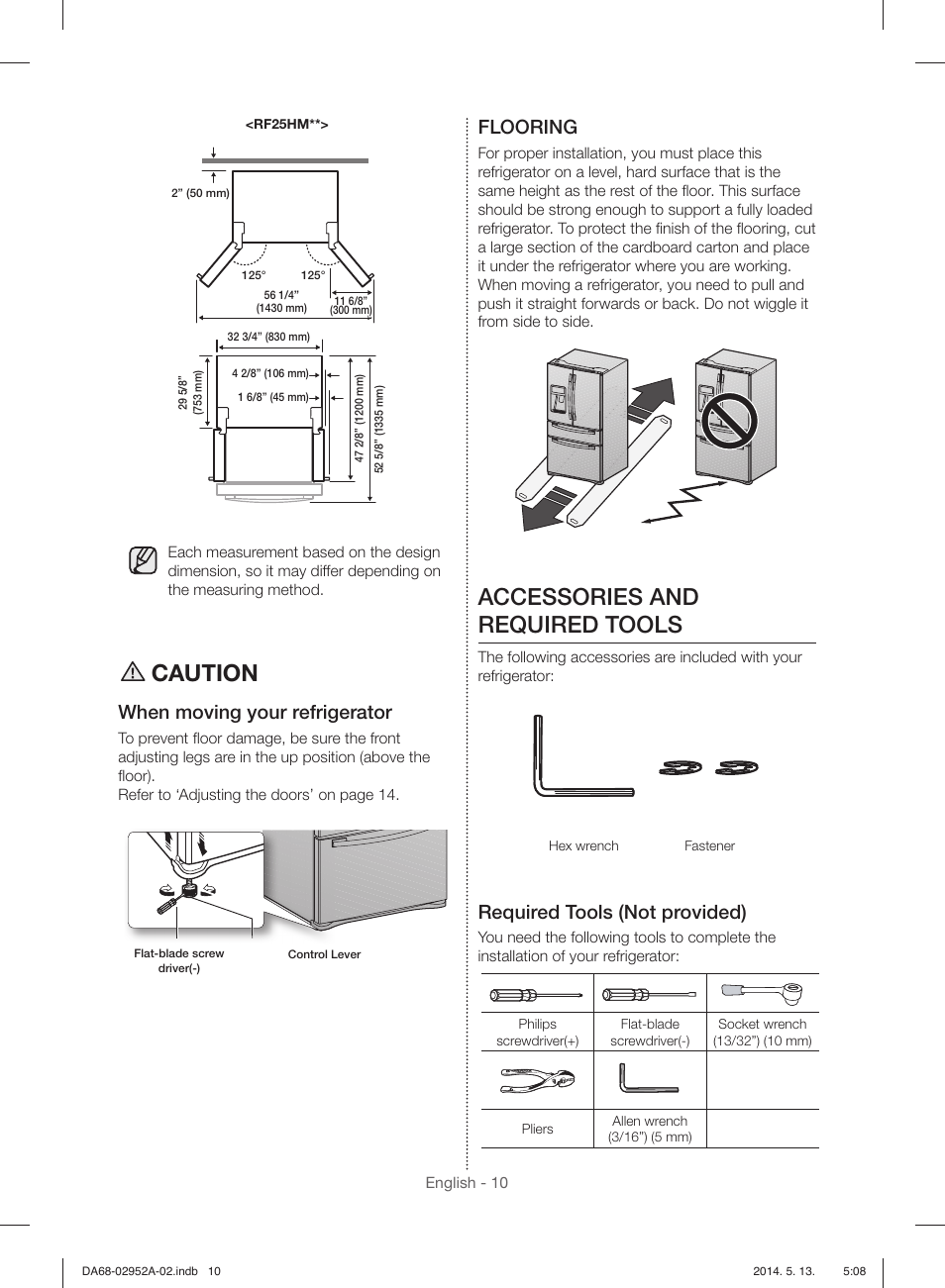 Caution, Accessories and required tools, When moving your refrigerator | Flooring, Required tools (not provided) | Samsung RF28HMEDBWW-AA User Manual | Page 10 / 116