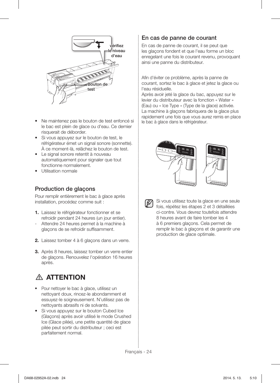 Attention, Production de glaçons, En cas de panne de courant | Samsung RF28HMEDBWW-AA User Manual | Page 100 / 116