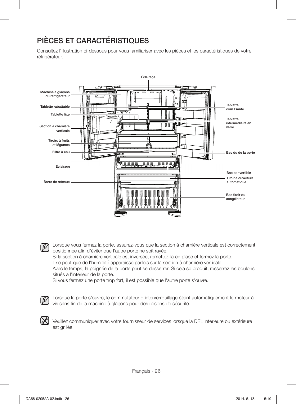 Pièces et caractéristiques, Français - 26 | Samsung RF28HMEDBWW-AA User Manual | Page 102 / 116