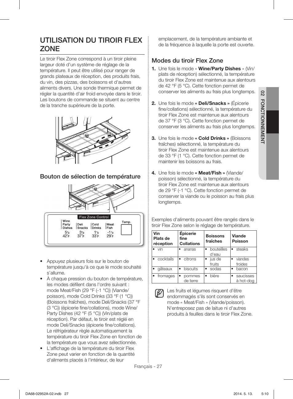 Utilisation du tiroir flex zone, Bouton de sélection de température, Modes du tiroir flex zone | Samsung RF28HMEDBWW-AA User Manual | Page 103 / 116