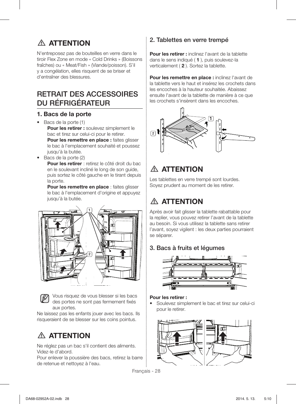 Attention, Retrait des accessoires du réfrigérateur, Bacs de la porte | Tablettes en verre trempé, Bacs à fruits et légumes | Samsung RF28HMEDBWW-AA User Manual | Page 104 / 116