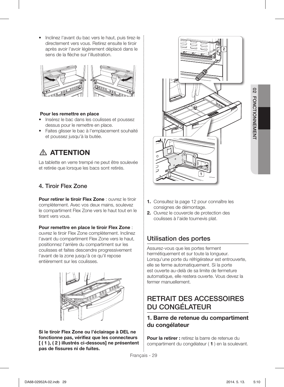 Attention, Retrait des accessoires du congélateur, Utilisation des portes | Tiroir flex zone, Barre de retenue du compartiment du congélateur | Samsung RF28HMEDBWW-AA User Manual | Page 105 / 116