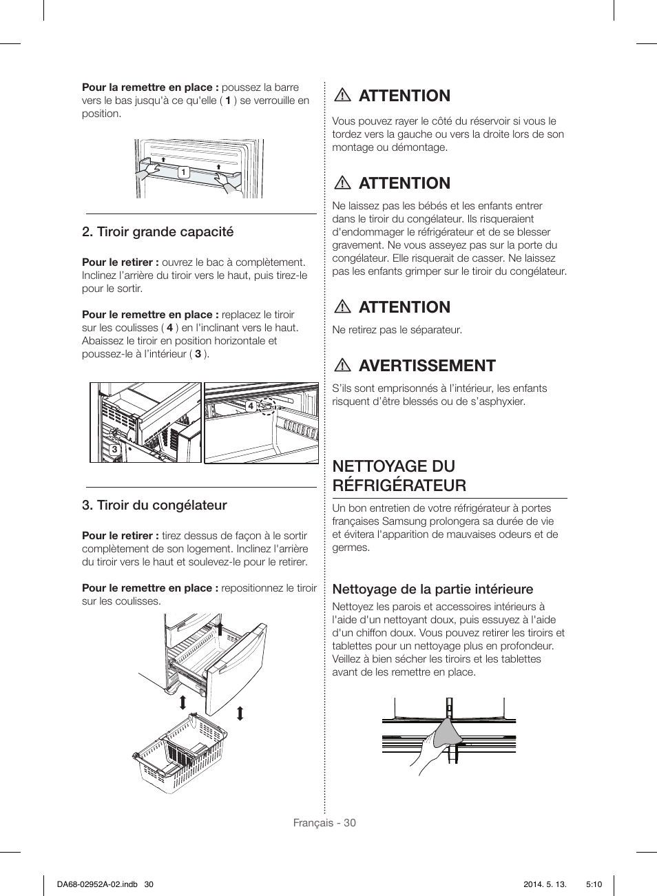 Attention, Avertissement, Nettoyage du réfrigérateur | Samsung RF28HMEDBWW-AA User Manual | Page 106 / 116