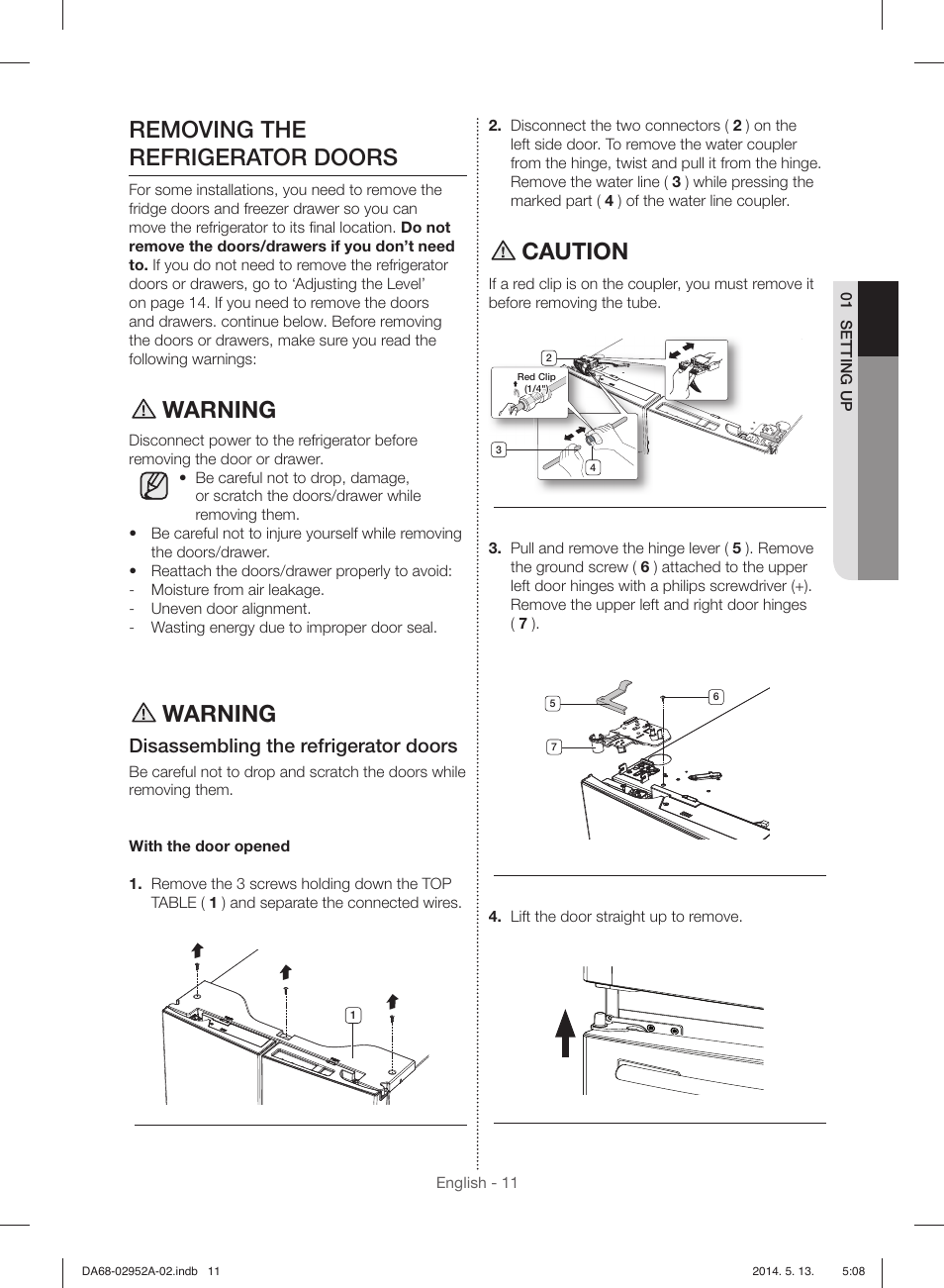 Removing the refrigerator doors, Warning, Caution | Disassembling the refrigerator doors | Samsung RF28HMEDBWW-AA User Manual | Page 11 / 116