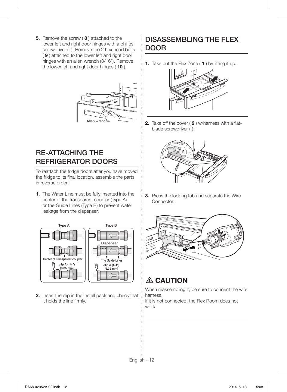 Re-attaching the refrigerator doors, Disassembling the flex door, Caution | Samsung RF28HMEDBWW-AA User Manual | Page 12 / 116