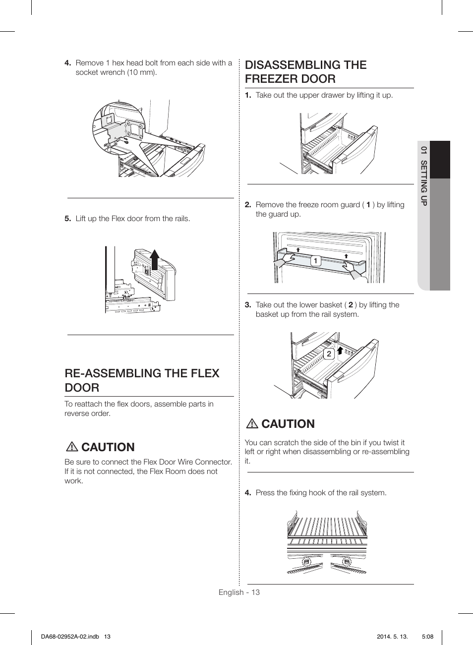 Re-assembling the flex door, Caution, Disassembling the freezer door | Samsung RF28HMEDBWW-AA User Manual | Page 13 / 116